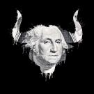 outline of bull with horns against black interior is one dollar bill washington's face