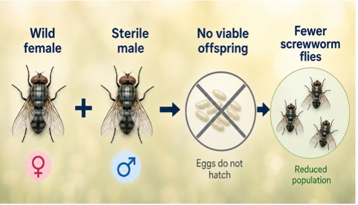 Diagram showing wild female mating with sterile male, eggs fail to hatch, fewer screw-worm flies