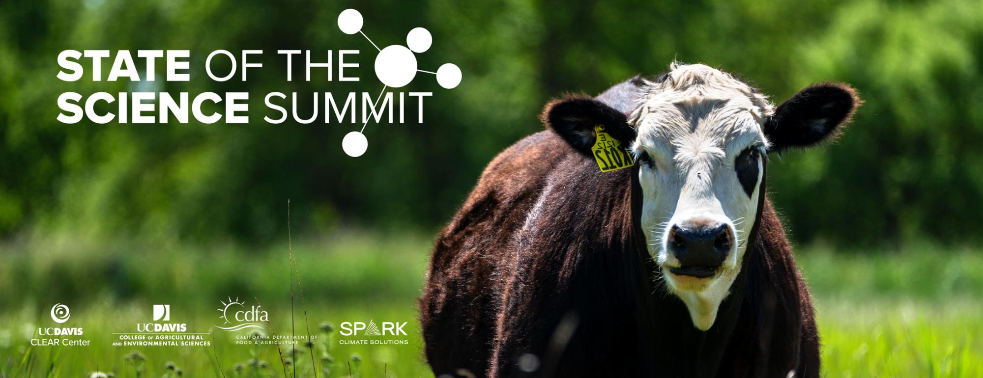 Cow in field with logos of State of the Science hosts.