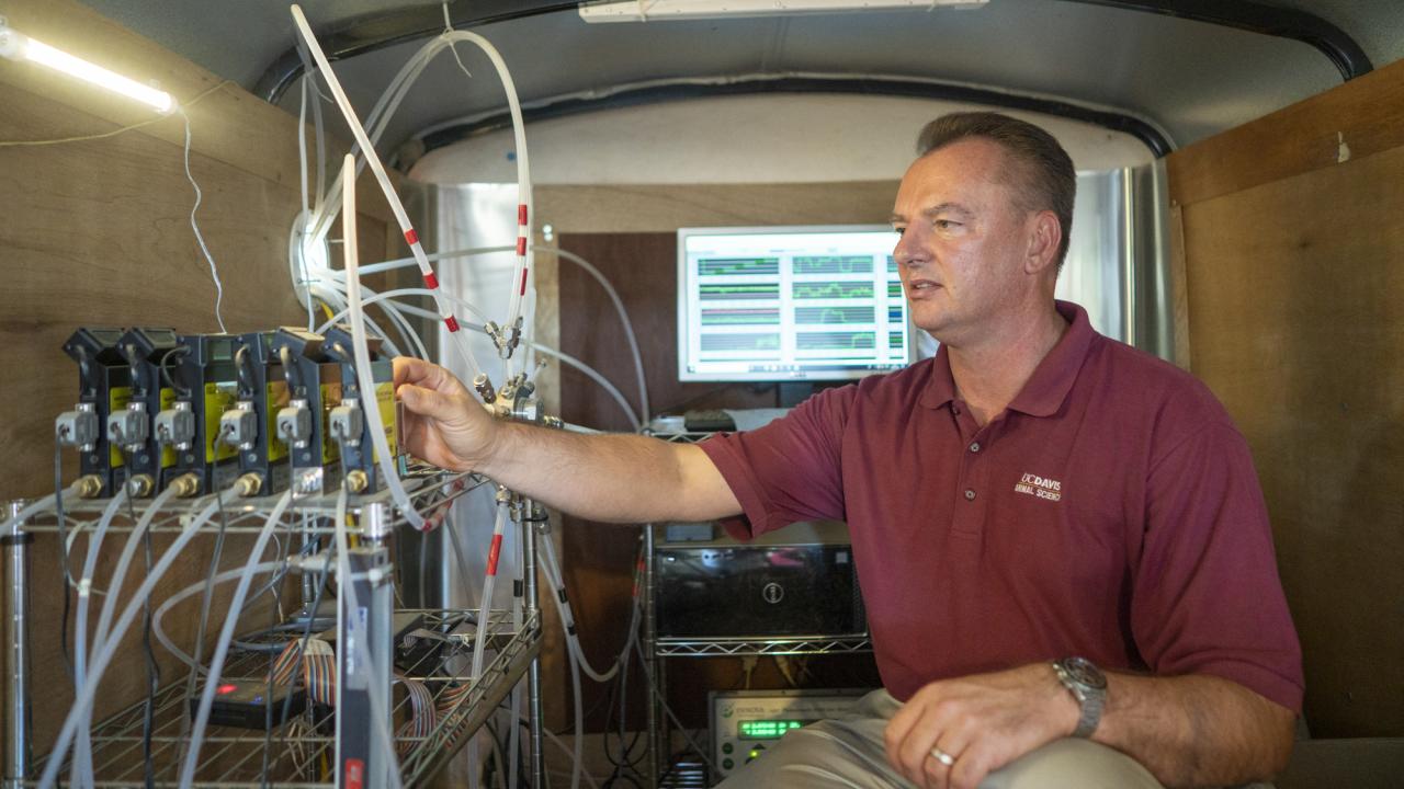 frank mitloehner sitting in emissions sampling trailer surrounded by machines