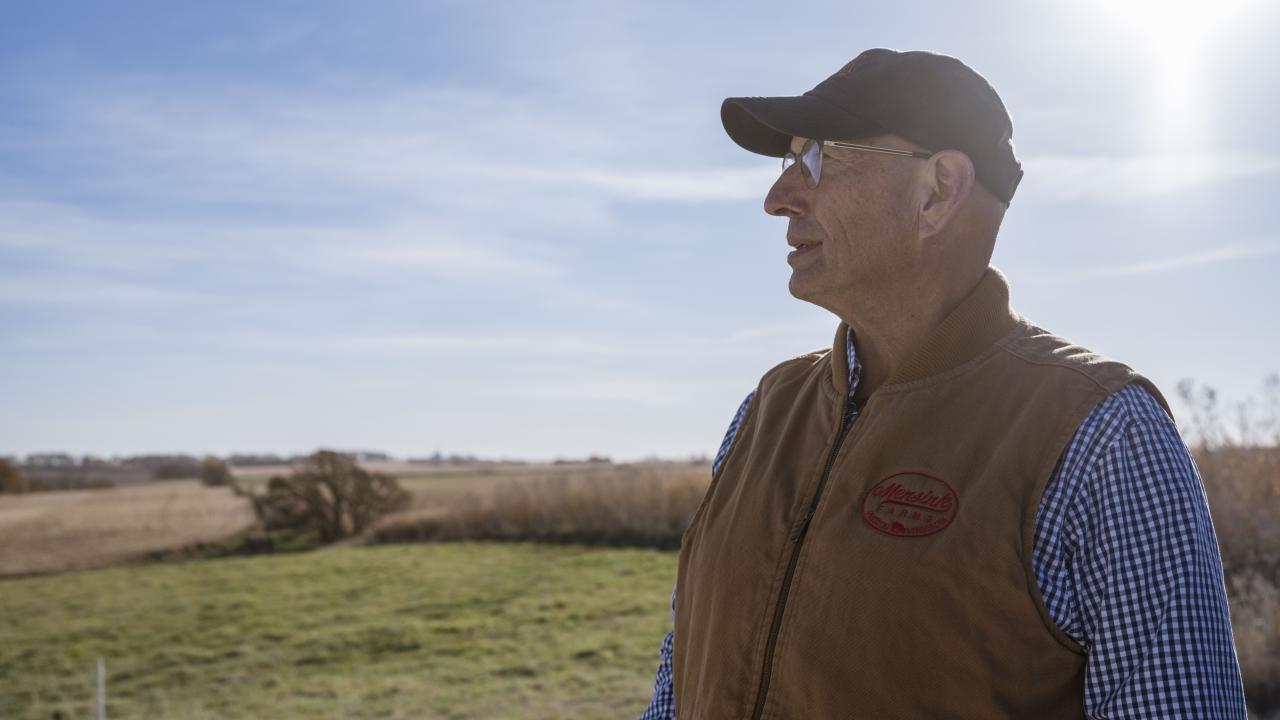 Dave Mensink is wearing a baseball cap and standing in his field looking outwards at it.