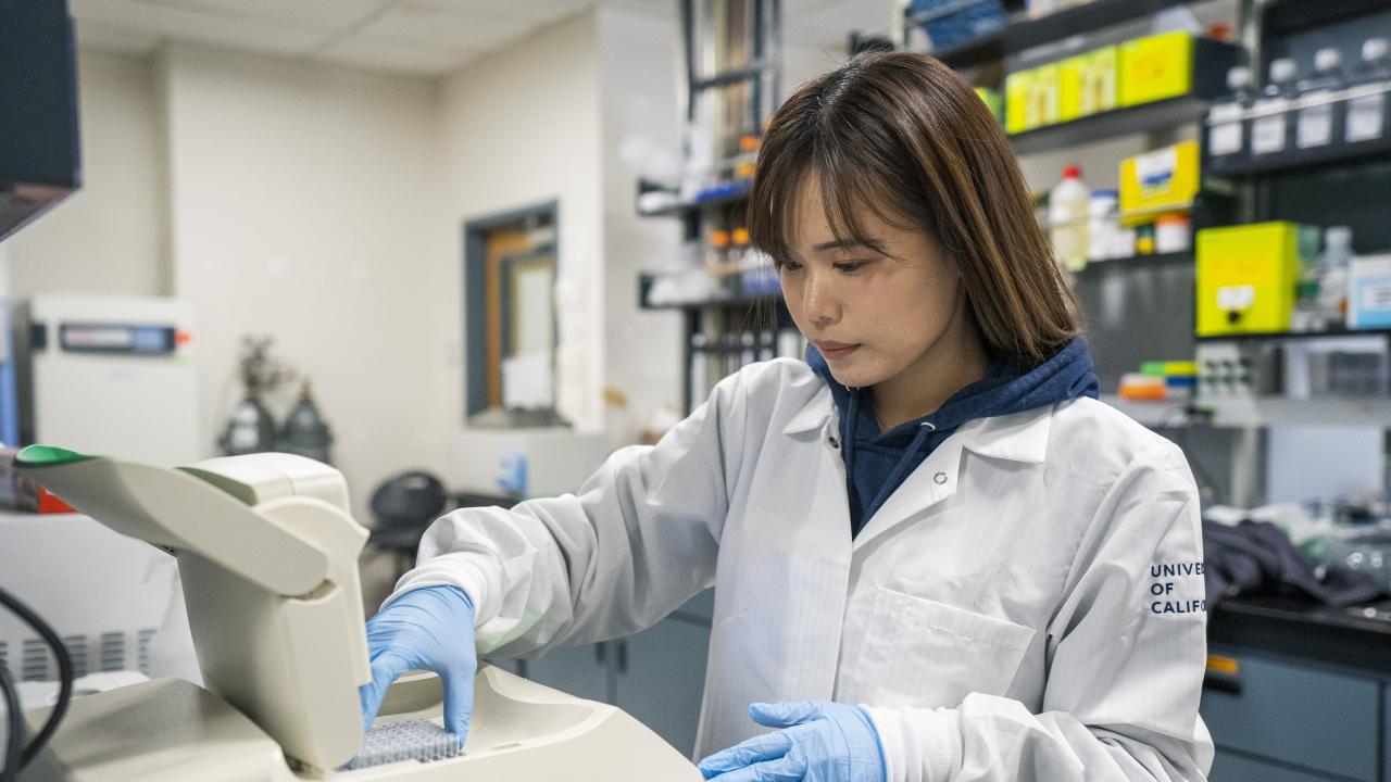 A female researcher in a lab coat looks at lab equipment