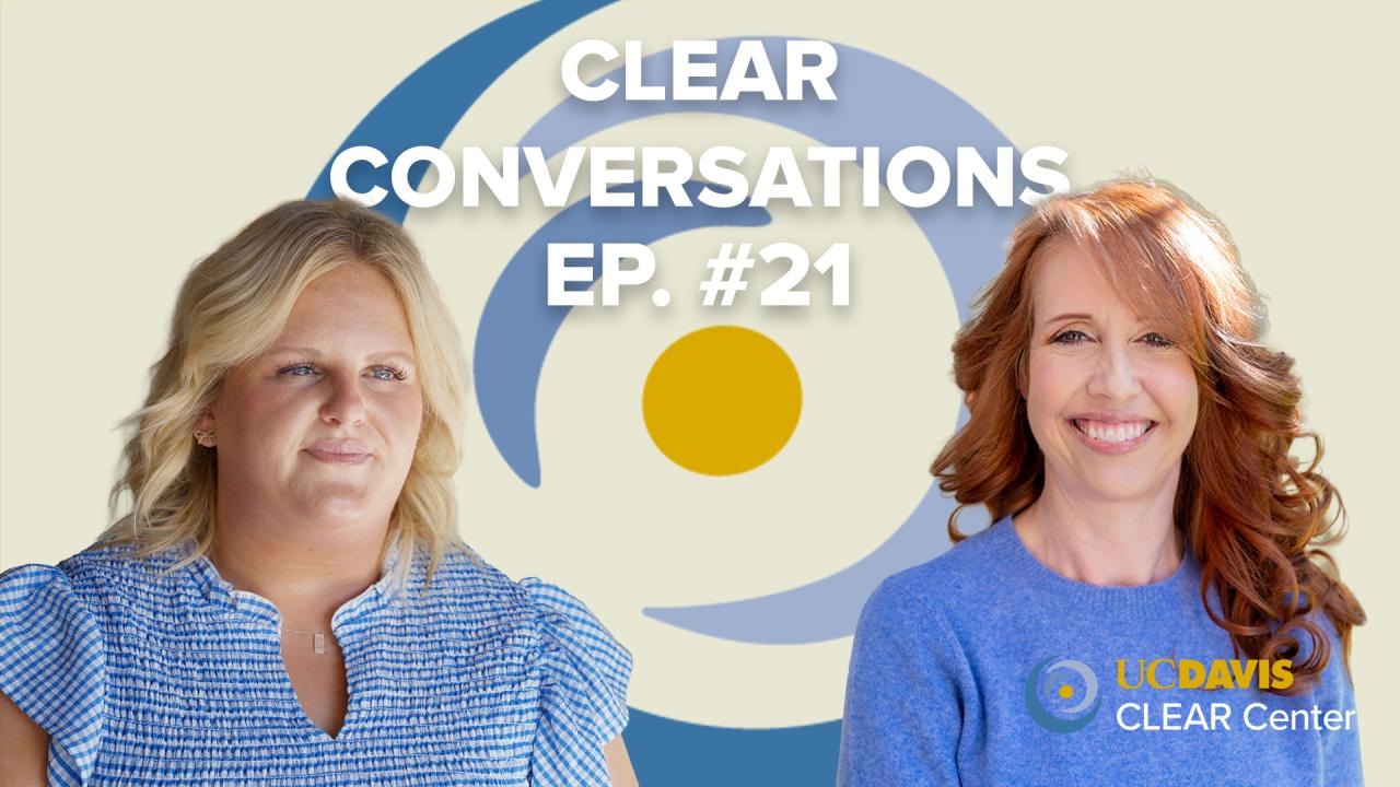 Podcast banner graphic with two smiling women photographed over blue and yellow circular logo