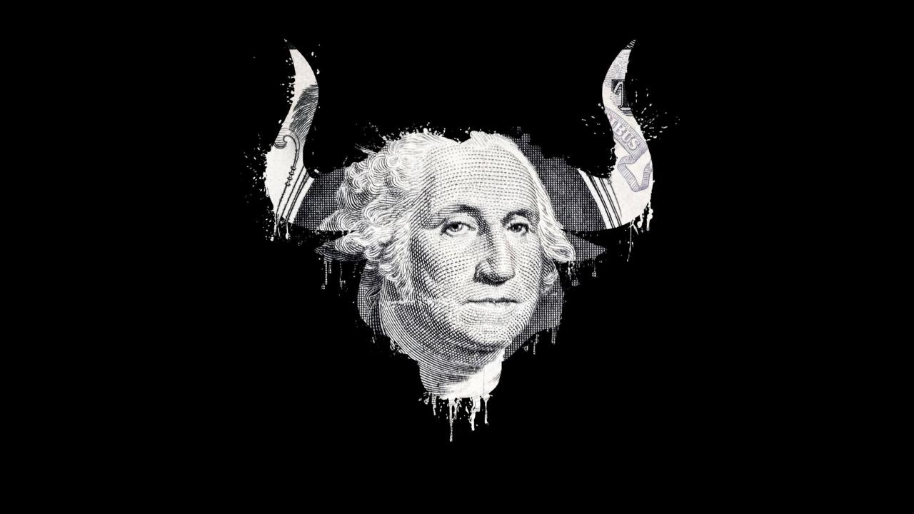 outline of bull with horns against black interior is one dollar bill washington's face