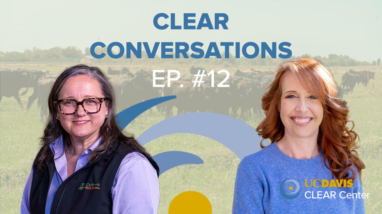 Two women smiling in front of a pastoral backdrop with cows, promoting a podcast episode.