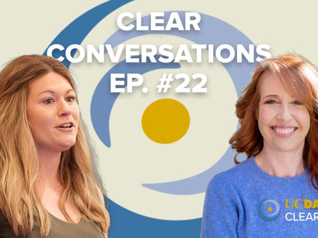 Podcast cover: two smiling women and circular blue logo on beige background