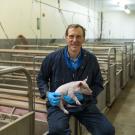 Dr. Hovey is wearing a blue jumpsuit and is holding a piglet